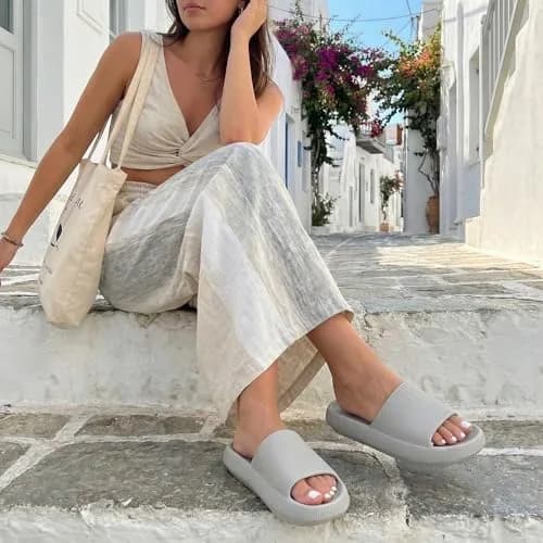 CUSHIONAIRE Feather EVA Slides for Women – Comfortable Slip On Womens Slippers, Indoor Outdoor Shower Shoes, Beach Essential Cloud Slides, Light Gray 6 thumbnail 3