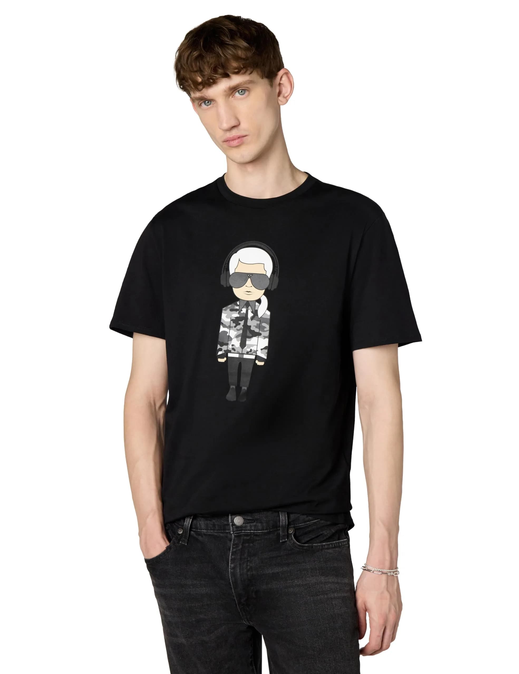 KARL LAGERFELD Men's Karl Character Headphones Shirt, Black, M | Reflective Graphic Crew Neck