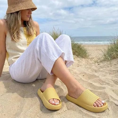 CUSHIONAIRE Feather EVA Slides for Women – Comfortable Slip On Womens Slippers, Indoor Outdoor Shower Shoes, Beach Essential Cloud Slides, Yellow 11 thumbnail 6