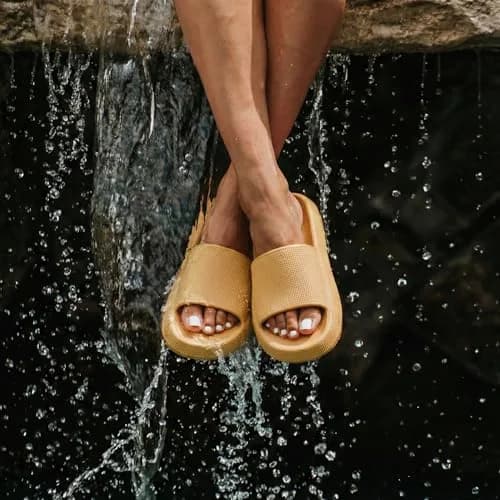 CUSHIONAIRE Feather EVA Slides for Women – Comfortable Slip On Womens Slippers, Indoor Outdoor Shower Shoes, Beach Essential Cloud Slides, Yellow 11 thumbnail 7