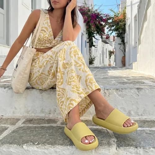 CUSHIONAIRE Feather EVA Slides for Women – Comfortable Slip On Womens Slippers, Indoor Outdoor Shower Shoes, Beach Essential Cloud Slides, Yellow 11 thumbnail 2