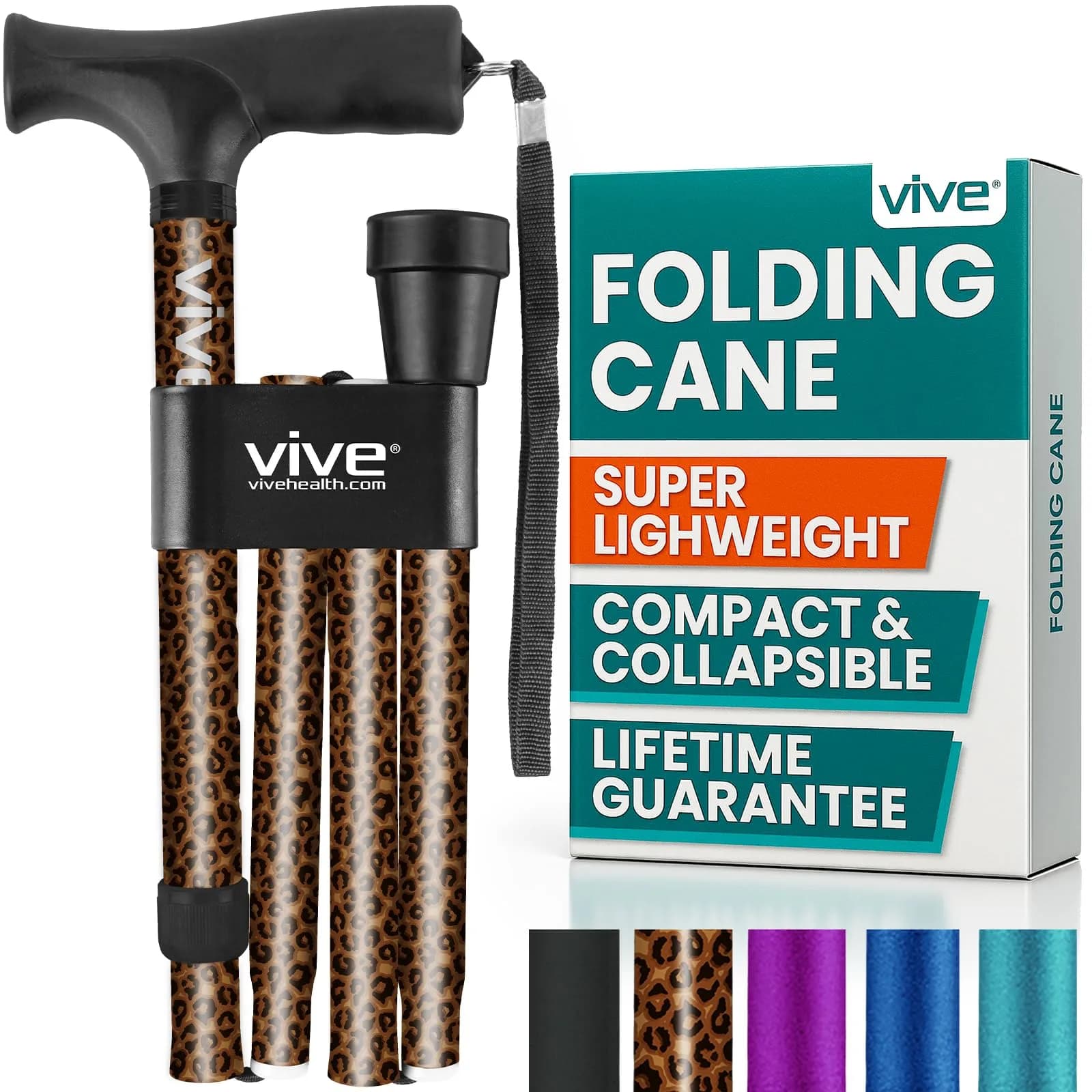 Vive Folding Leopard Print Cane - Adjustable Walking Stick for Men & Women, Lightweight Aluminum Mobility Aid with Ergonomic Grip - main product image