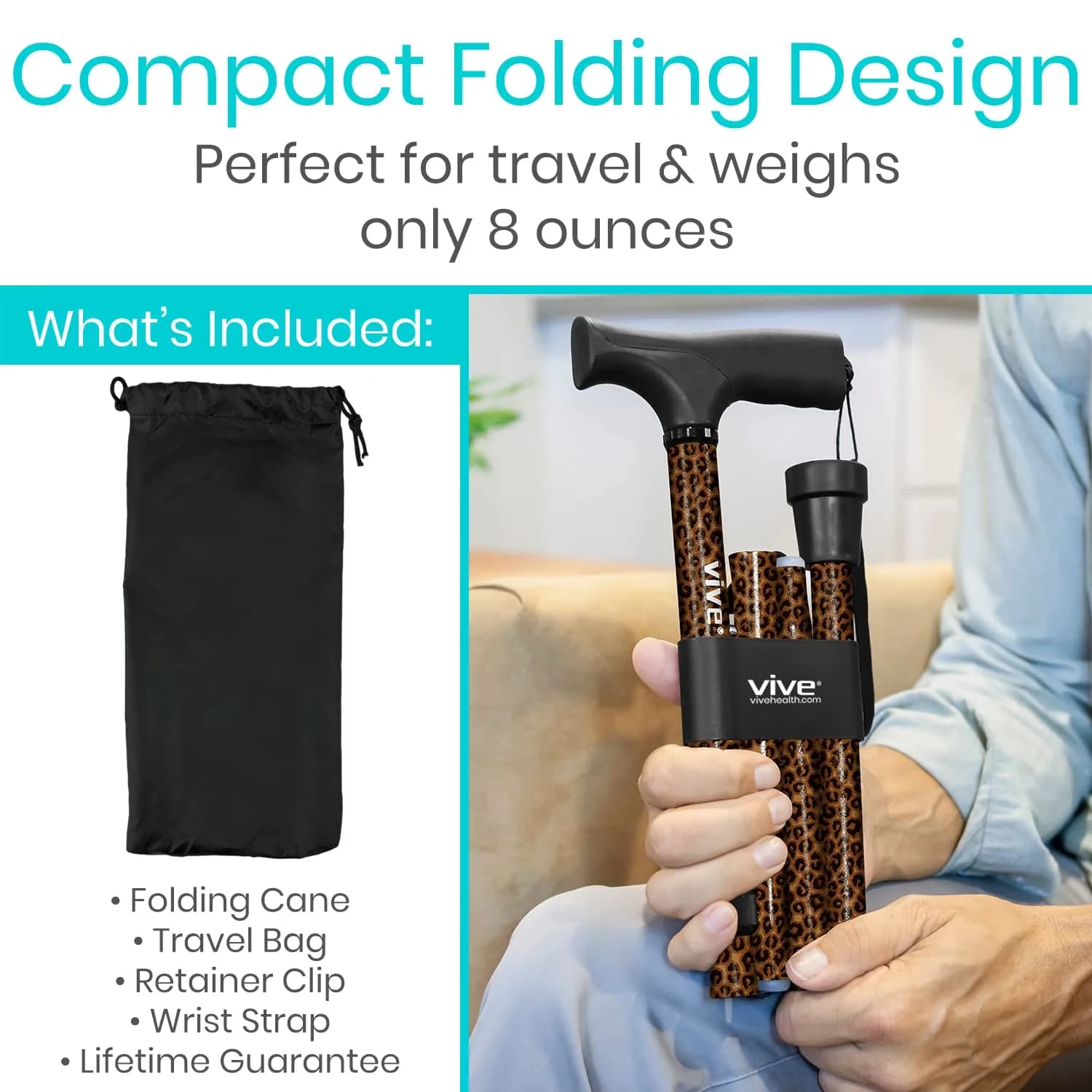 Vive Folding Leopard Print Cane - Adjustable Walking Stick for Men & Women, Lightweight Aluminum Mobility Aid with Ergonomic Grip - view 2