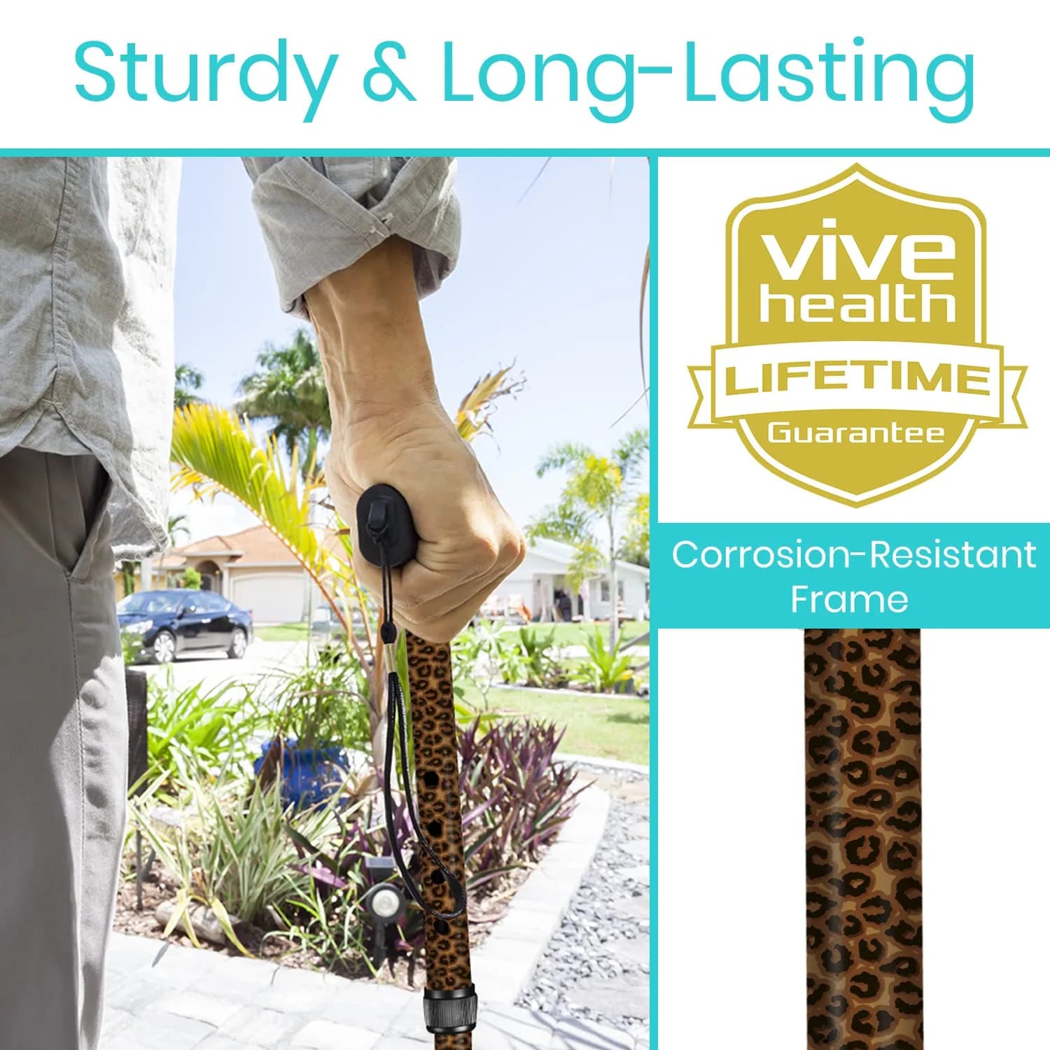 Vive Folding Leopard Print Cane - Adjustable Walking Stick for Men & Women, Lightweight Aluminum Mobility Aid with Ergonomic Grip - view 3