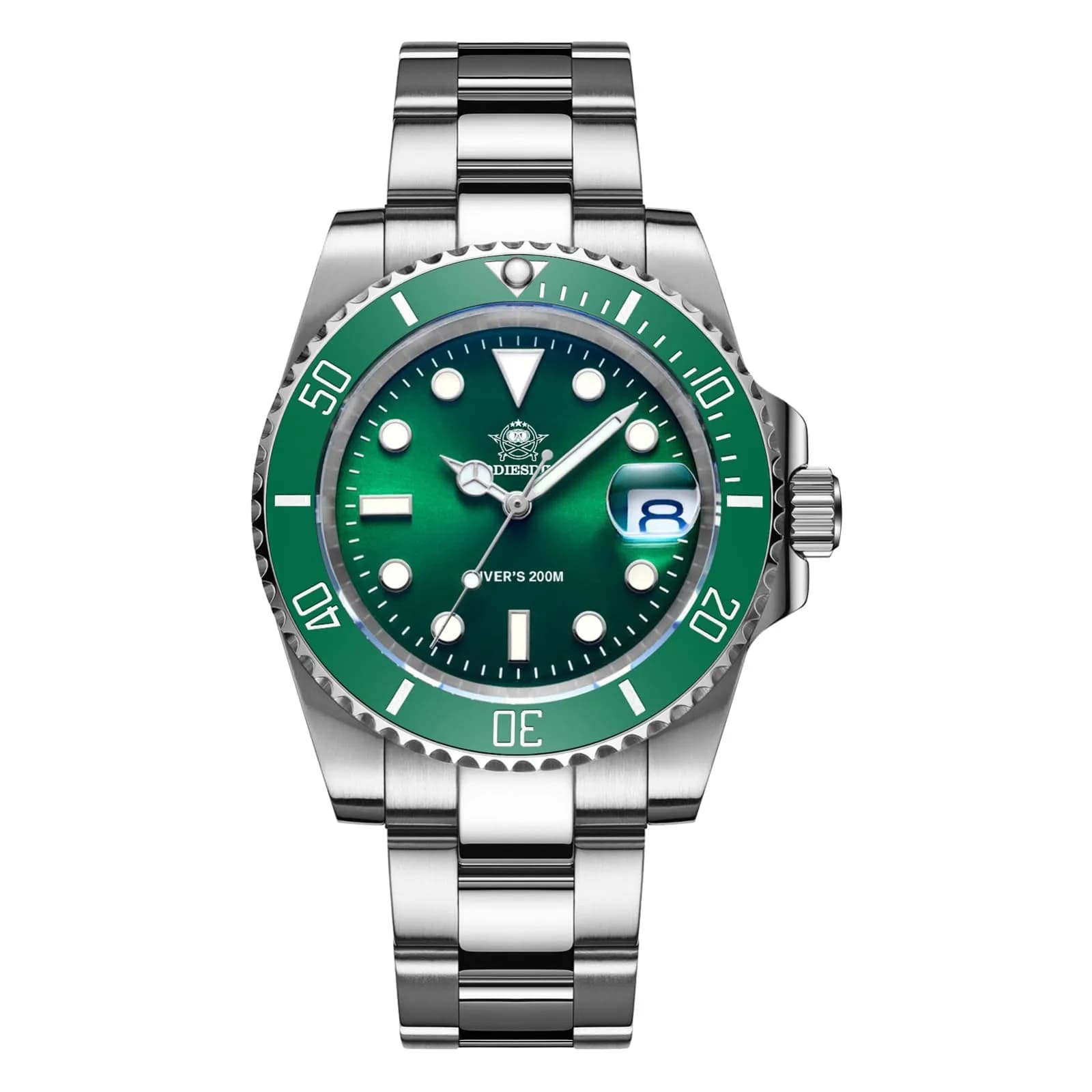 ADDIESDIVE Quartz Steel Watch for Men Diver 41mm | 200M Water Resistance, Luminous Dial, Unidirectional Bezel — pure green