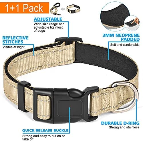 ladoogo Reflective Dog Collar Large Beige | Padded with Soft Neoprene, Breathable & Reflective thumbnail 3