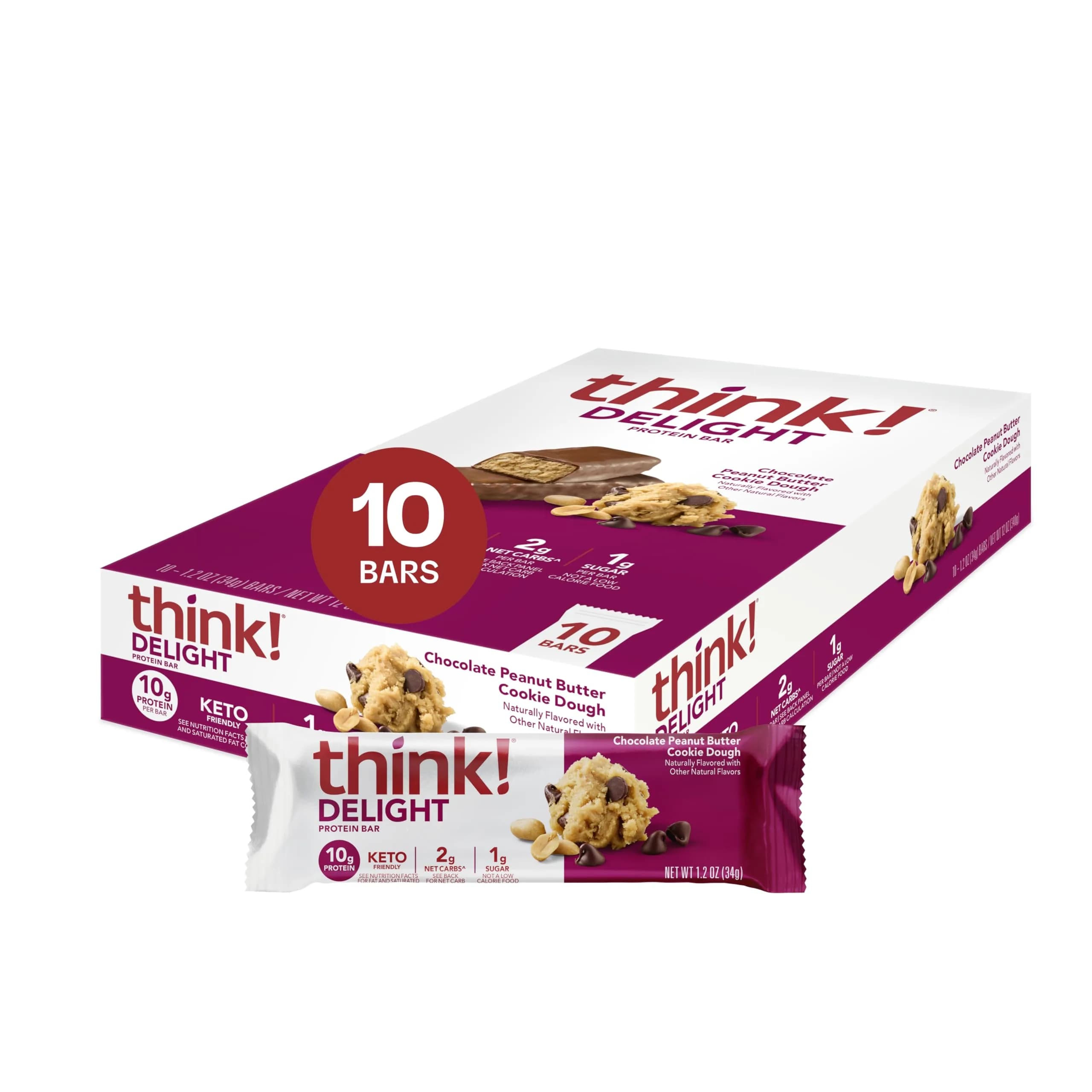 think! Delight Protein Bars, Chocolate Peanut Butter Cookie Dough, 10 Count | Keto Friendly, 10g Protein, Low Sugar