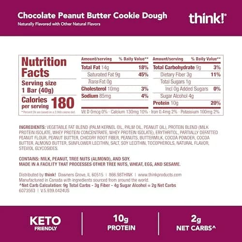think! Delight Protein Bars, Chocolate Peanut Butter Cookie Dough, 10 Count | Keto Friendly, 10g Protein, Low Sugar thumbnail 6