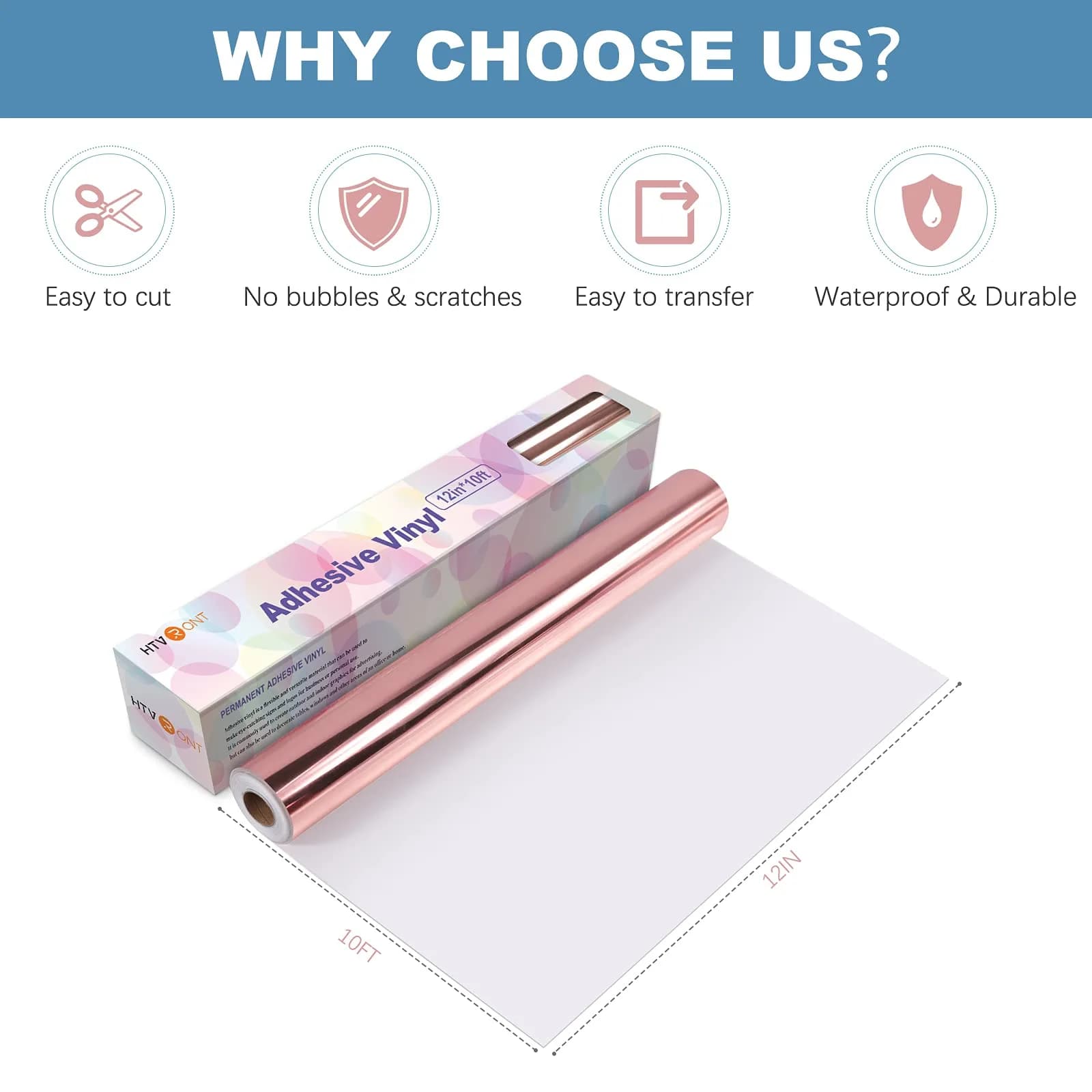 HTVRONT Rose Gold Chrome Permanent Vinyl Roll 3.04m (12" x 10FT) | Waterproof Mirror Finish for Cricut - view 5