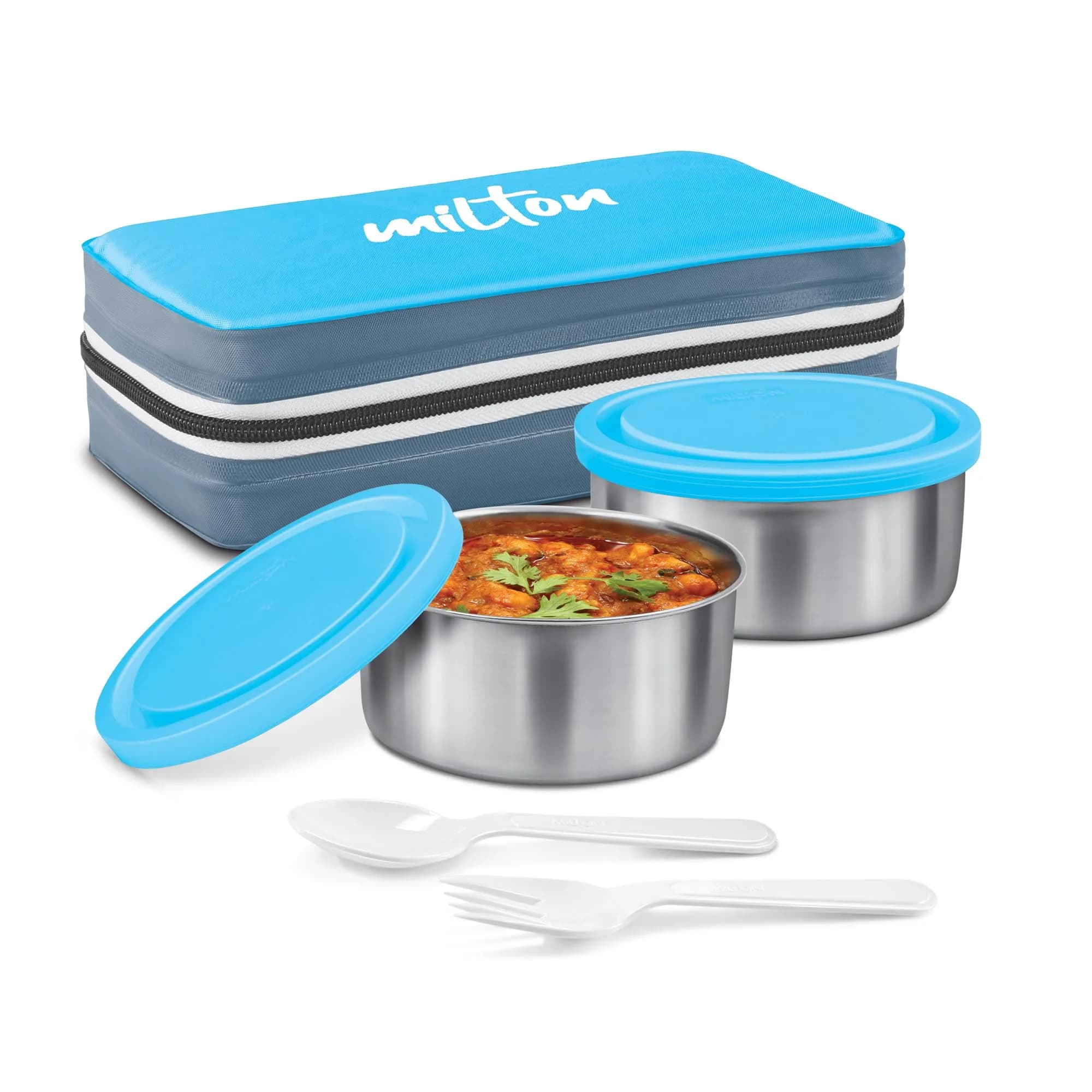 MILTON Mini Lunch Insulated Tiffin with 2 Containers 280 ml | Leakproof & Odor-Free for Office & Outdoors — Cyan