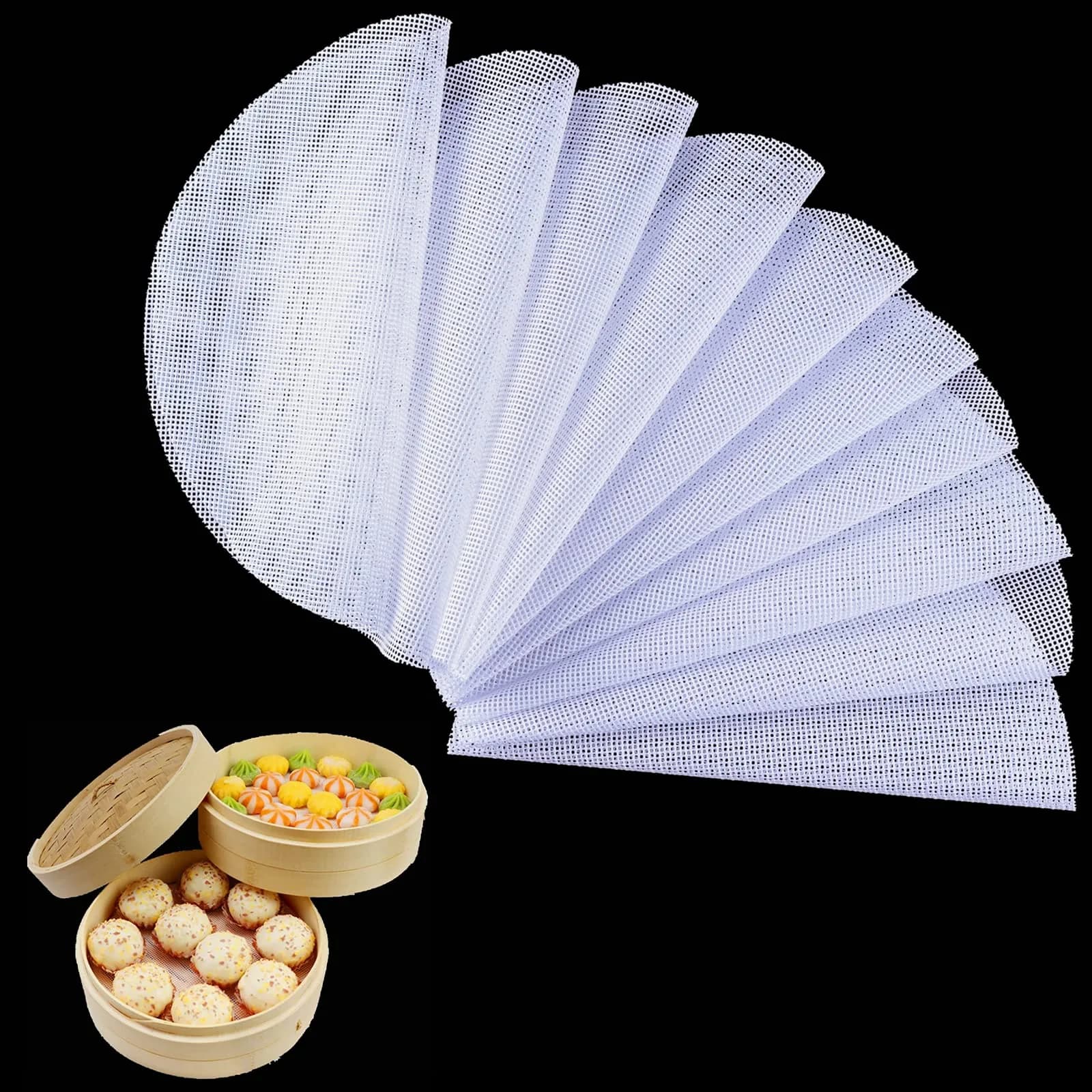 BuRuiJi 10-Piece Round Silicone Steamer Liners 28cm (11 x 11 inch) | Non-Stick Mesh for Dim Sum & Baking - main product image