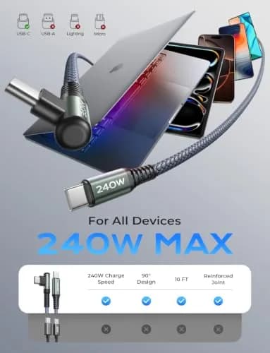 AINOPE 240W USB C to USB C Cable 3.05 m (10FT) Right Angle | Fast Charging & Data Transfer thumbnail 2
