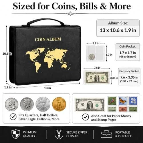 ANKHOH Zippered Coin Collection Book, 200 Pockets & 30 Bill Sleeves | Organize Coins & Currency in Style thumbnail 4