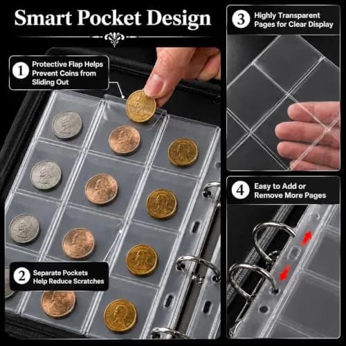 ANKHOH Zippered Coin Collection Book, 200 Pockets & 30 Bill Sleeves | Organize Coins & Currency in Style thumbnail 5