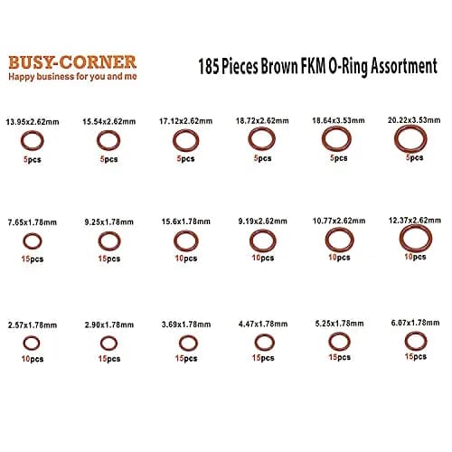 BUSY-CORNER 185 Pieces FKM O-Ring Kit with 18 AS-568 Sizes, 2.57mm-20.22mm ID, 1.78mm-3.53mm Thickness | High-Temp & Chemical Resistant Seals thumbnail 2
