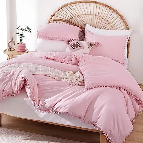 YIRDDEO Queen Comforter Set, Dust Pink Ball Pom Fringe Bedding Set 3 Pieces | Soft & Safe Microfiber Comforter for All Seasons thumbnail 1