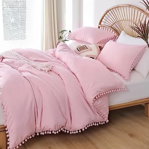 YIRDDEO Queen Comforter Set, Dust Pink Ball Pom Fringe Bedding Set 3 Pieces | Soft & Safe Microfiber Comforter for All Seasons thumbnail 2
