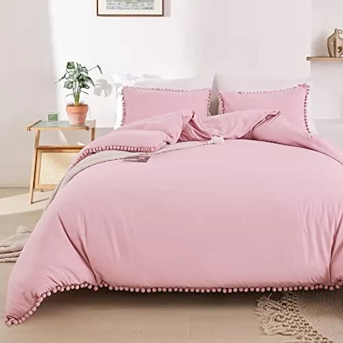 YIRDDEO Queen Comforter Set, Dust Pink Ball Pom Fringe Bedding Set 3 Pieces | Soft & Safe Microfiber Comforter for All Seasons thumbnail 3