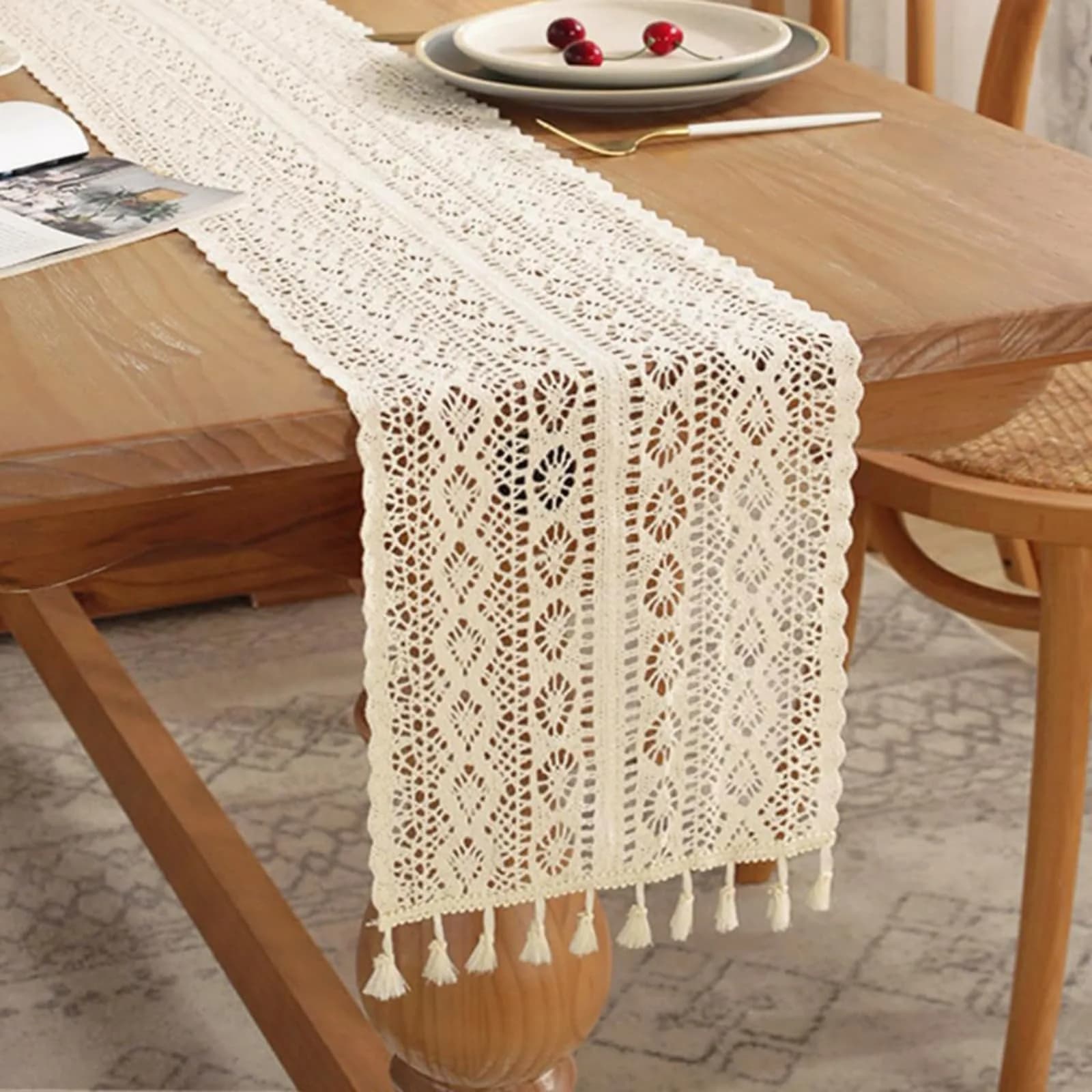 Gemseek 90 Inch Boho Crochet Table Runner, Beige Cotton Lace | Vintage Boho Charm — Beige