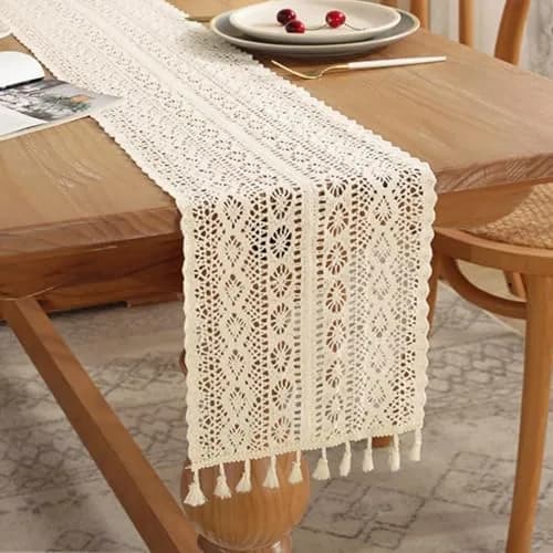 Gemseek 90 Inch Boho Crochet Table Runner, Beige Cotton Lace | Vintage Boho Charm thumbnail 1