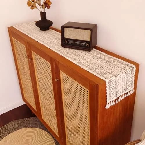 Gemseek 90 Inch Boho Crochet Table Runner, Beige Cotton Lace | Vintage Boho Charm thumbnail 6