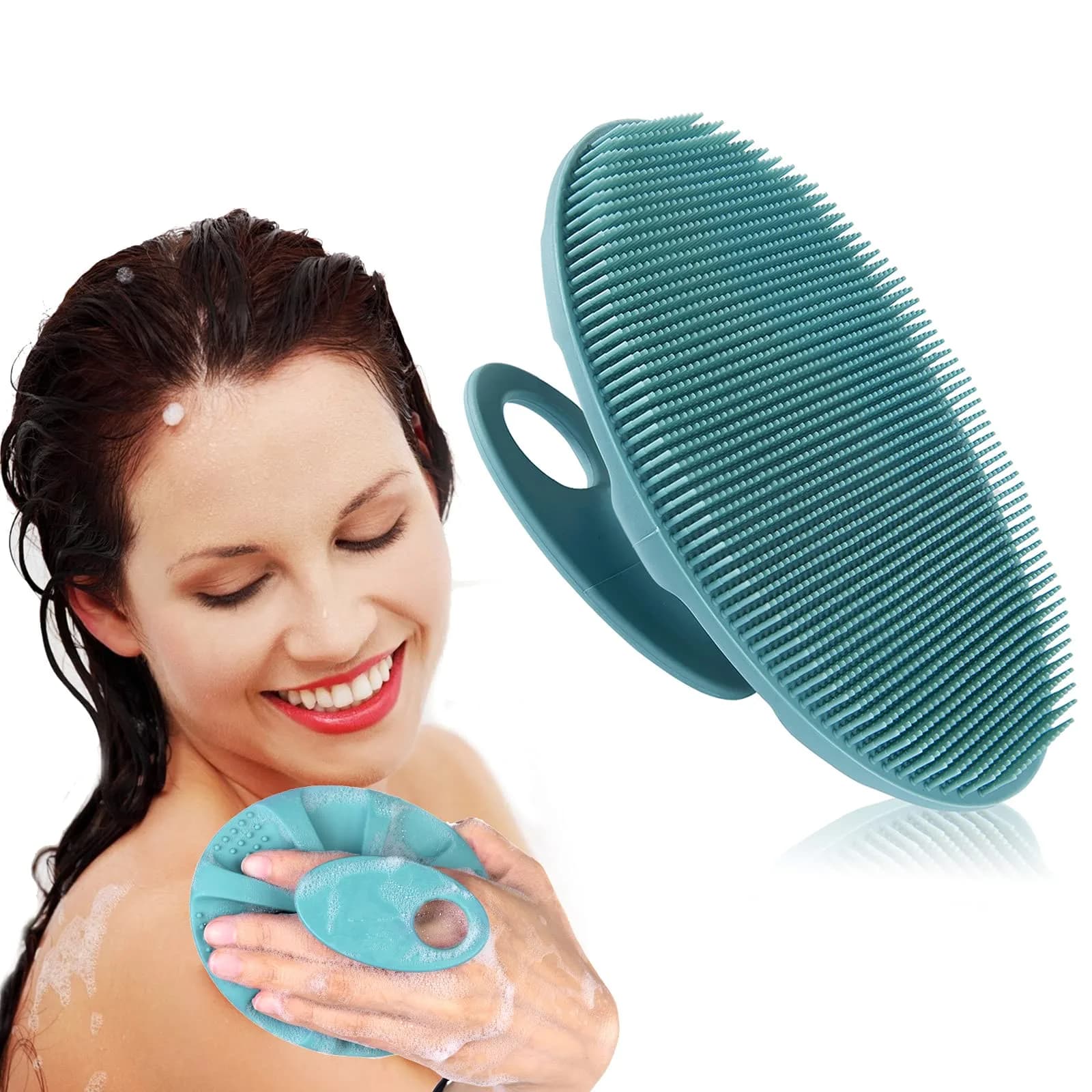 INNERNEED Silicone Body Cleansing Brush Exfoliating Scrubber, Pink+Dark Green, 12cm (4.7in) x 10cm (3.9in) x 5cm (2in) | Gentle Massage, Deep Clean, Hygienic Shower Scrub Brush Soft Bristles for All Skin Types, Easy to Hold — Dark Green