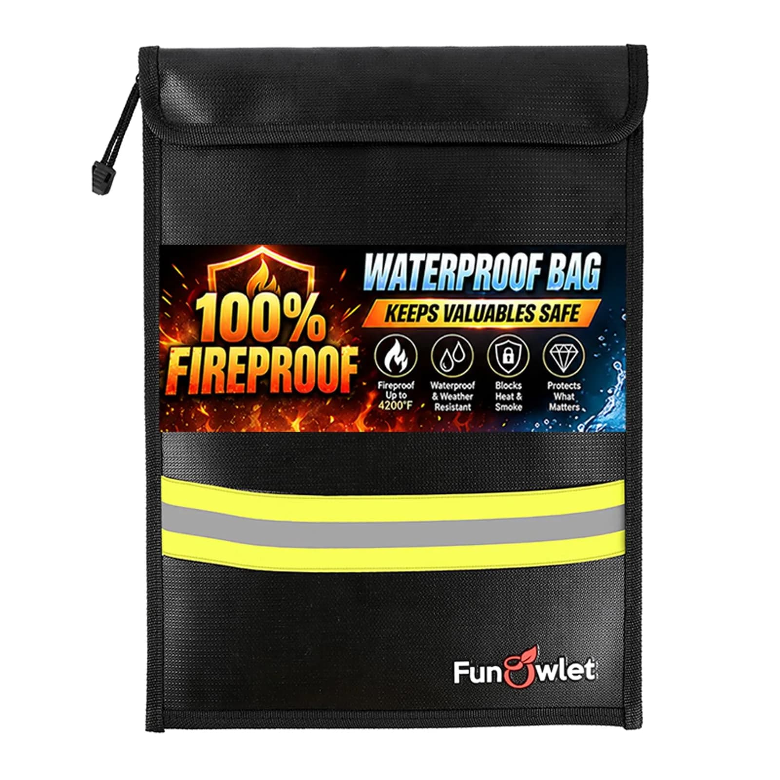 FunOwlet Fireproof Waterproof Money Document Bag 15" x 11" Gray | Fire & Water Resistant Organizer — Black