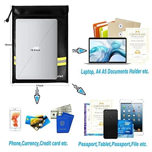 FunOwlet Fireproof Waterproof Money Document Bag, 15" x 11" Black | Fire & Water Resistant Storage Organizer thumbnail 4