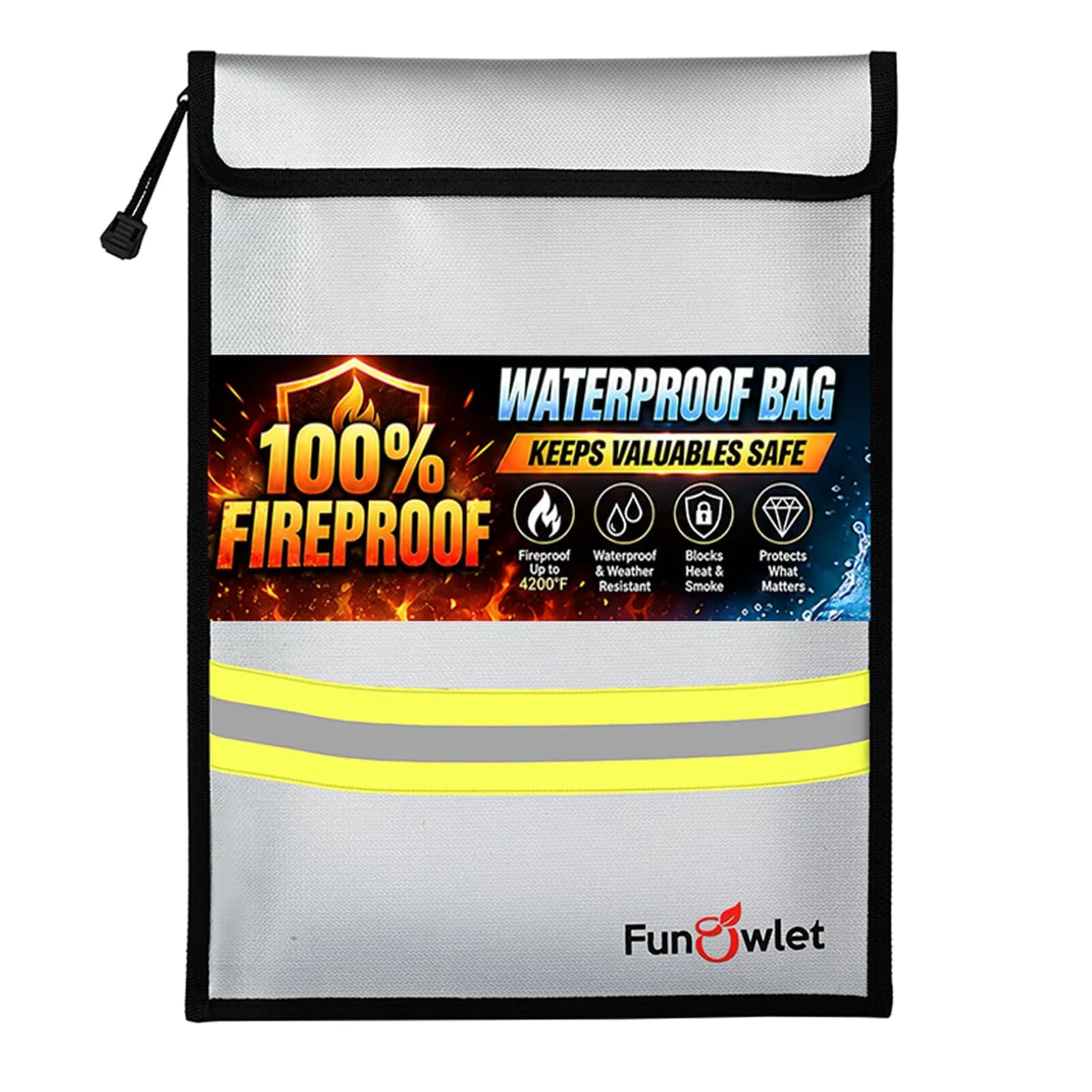 FunOwlet Fireproof Waterproof Money Document Bag 15" x 11" Gray | Fire & Water Resistant Organizer