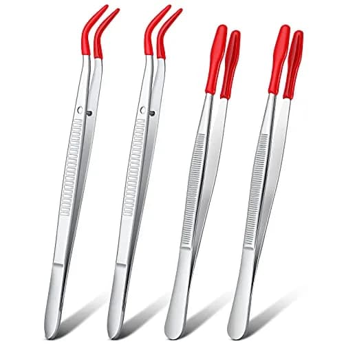 Honoson Red Bent Tip Tweezers with Rubber Tips & Flat Tip Tweezers, 15cm (5.9in) & 12cm (4.7in) | Precision Grip for Crafts & Lab Work thumbnail 1