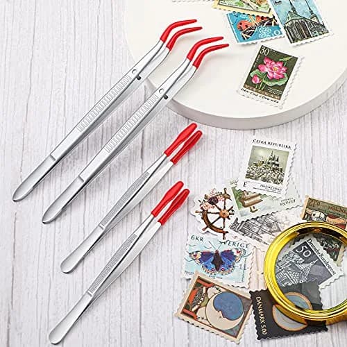 Honoson Red Bent Tip Tweezers with Rubber Tips & Flat Tip Tweezers, 15cm (5.9in) & 12cm (4.7in) | Precision Grip for Crafts & Lab Work thumbnail 4