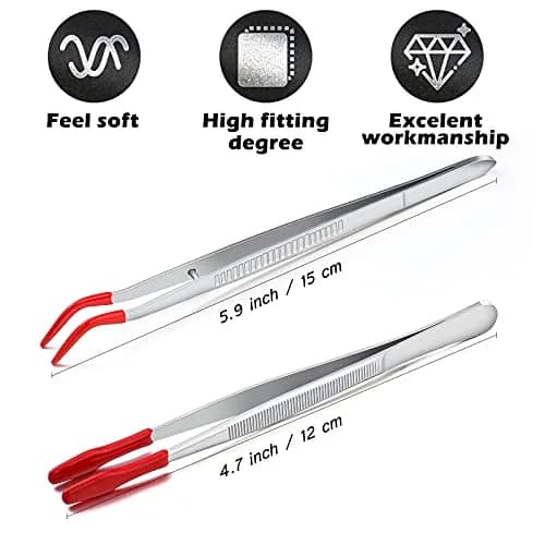 Honoson Red Bent Tip Tweezers with Rubber Tips & Flat Tip Tweezers, 15cm (5.9in) & 12cm (4.7in) | Precision Grip for Crafts & Lab Work thumbnail 7