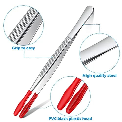 Honoson Red Bent Tip Tweezers with Rubber Tips & Flat Tip Tweezers, 15cm (5.9in) & 12cm (4.7in) | Precision Grip for Crafts & Lab Work thumbnail 2