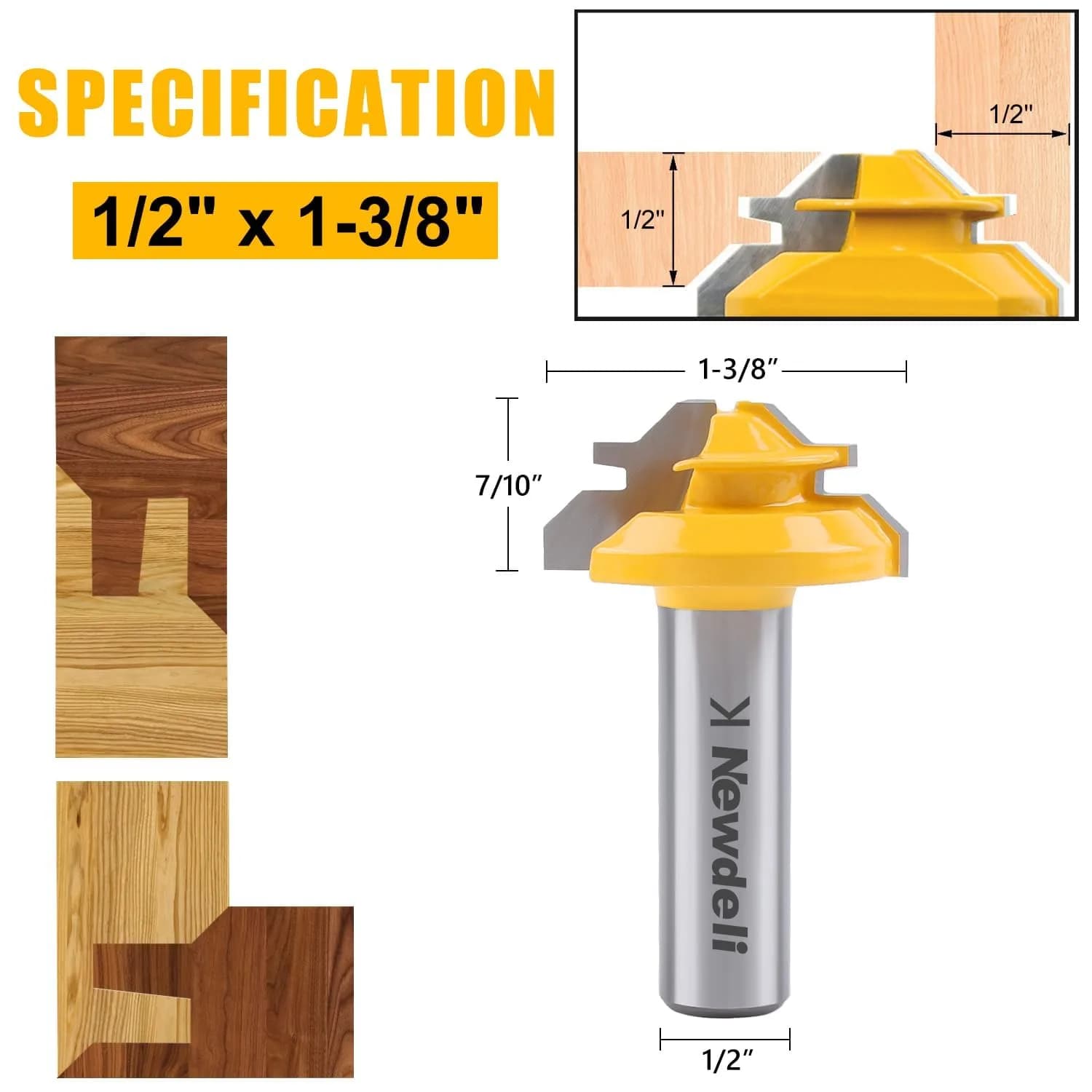 Newdeli 45 Degree Lock Miter Router Bit 1/2" Shank, 1/2" Stock | Connects Boards at 90 Degrees for Woodworking - view 2
