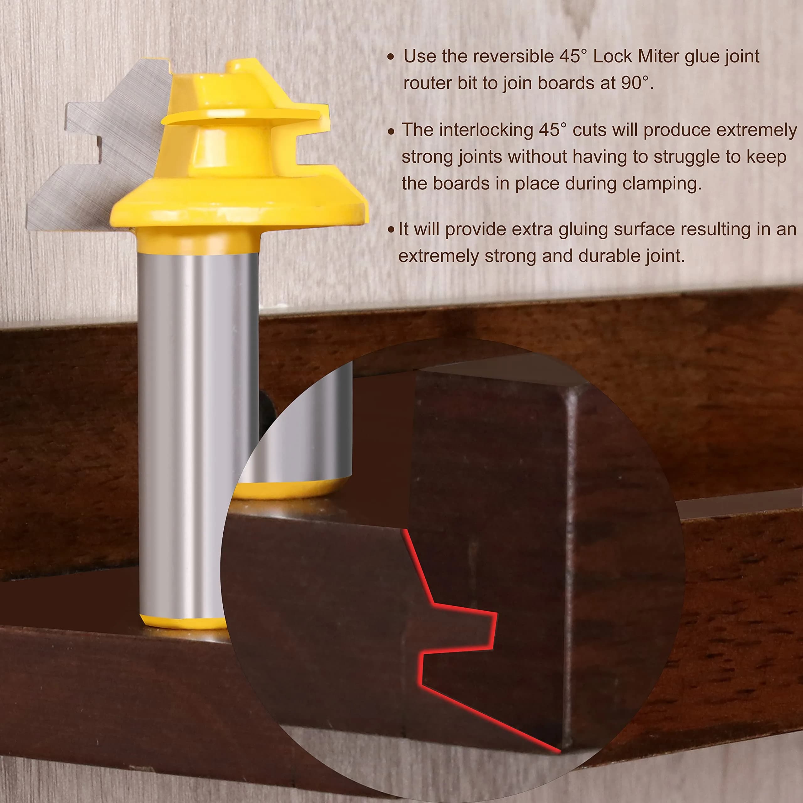 Newdeli 45 Degree Lock Miter Router Bit 1/2" Shank, 1/2" Stock | Connects Boards at 90 Degrees for Woodworking - view 4