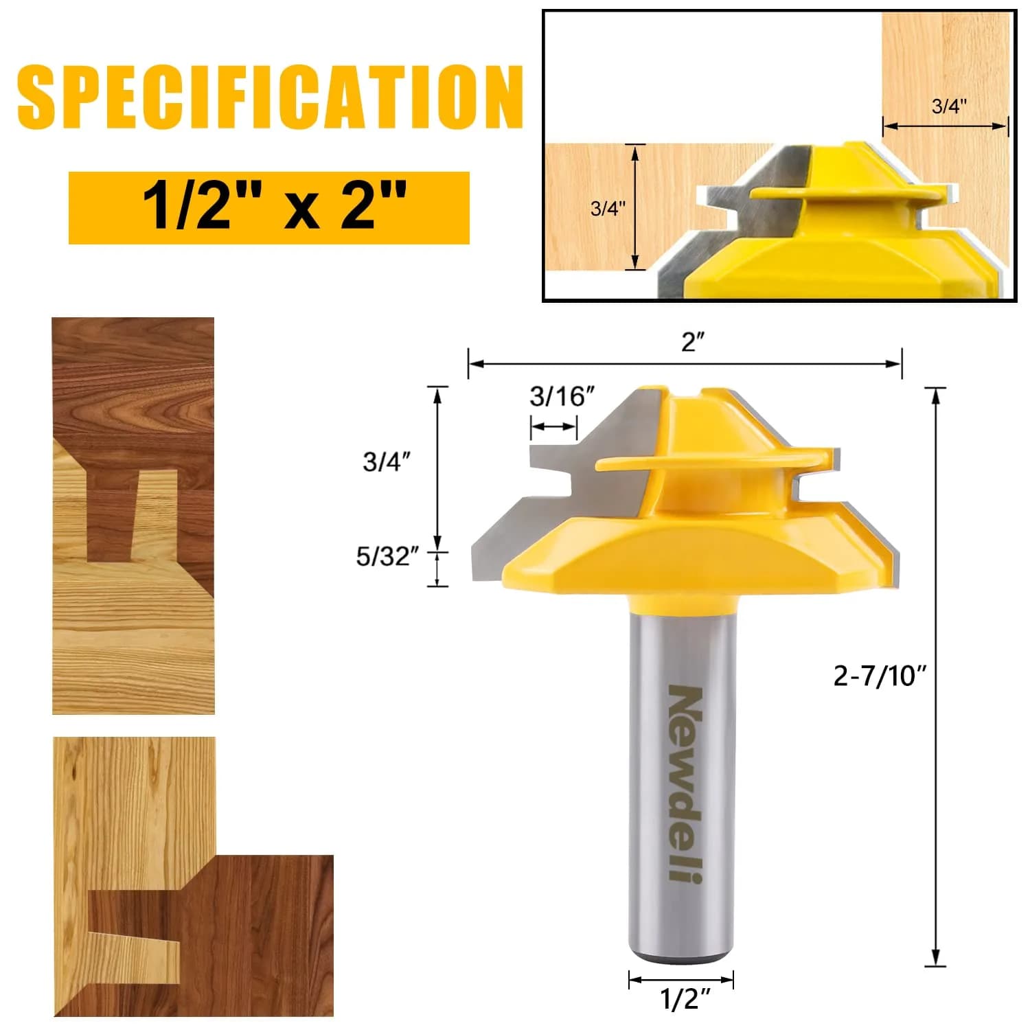 Newdeli 45 Degree Lock Miter Router Bit 1/2 Inch Shank, 3/4" Stock Joint Router Bit | Connects Boards at 90 Degrees for Woodworking - view 2