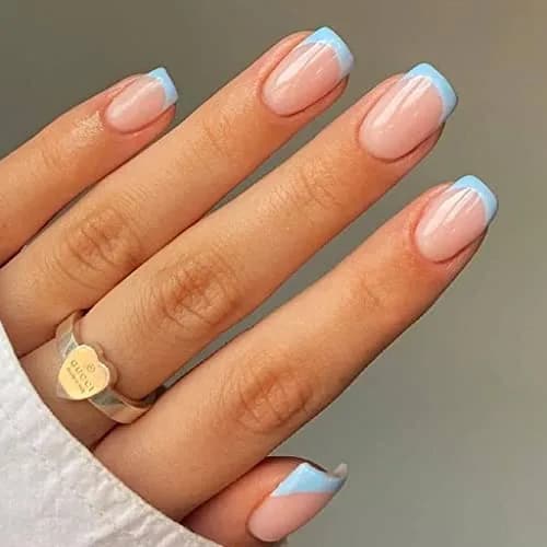 RikView French Tip Press on Nails Oval Glossy Full Cover Acrylic Nails (Blue) | 24 Nails + File + Glue thumbnail 1