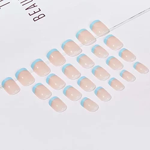RikView French Tip Press on Nails Oval Glossy Full Cover Acrylic Nails (Blue) | 24 Nails + File + Glue thumbnail 3