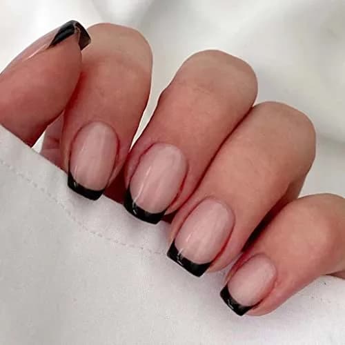 RikView Black French Tip Oval Glossy Press on Nails (24 Count) | Salon-Quality Fake Nails for Women thumbnail 1