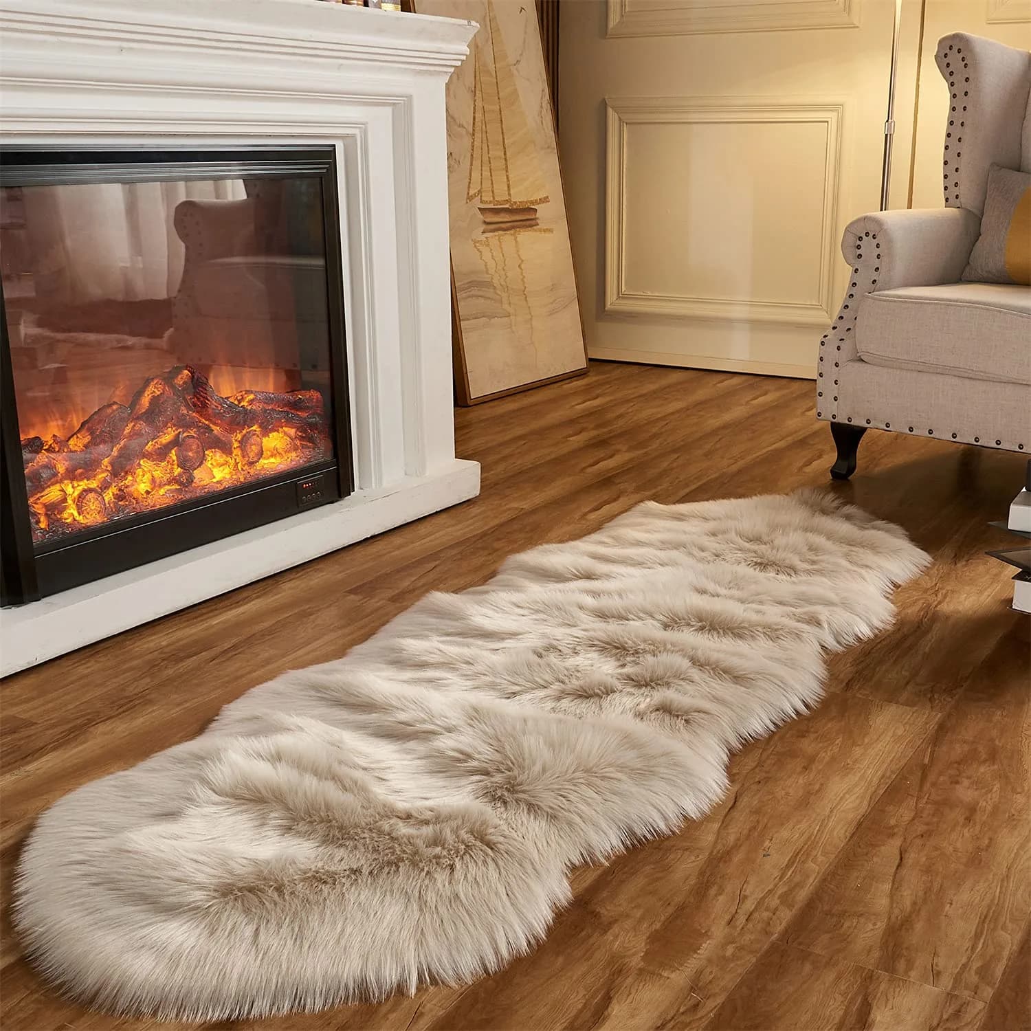 Arbosofe Faux Fur Rug, 2 x 6 Feet | Beige Fluffy Sheepskin for Bedroom & Living Room