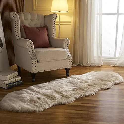Arbosofe Faux Fur Rug, 2 x 6 Feet | Beige Fluffy Sheepskin for Bedroom & Living Room thumbnail 2