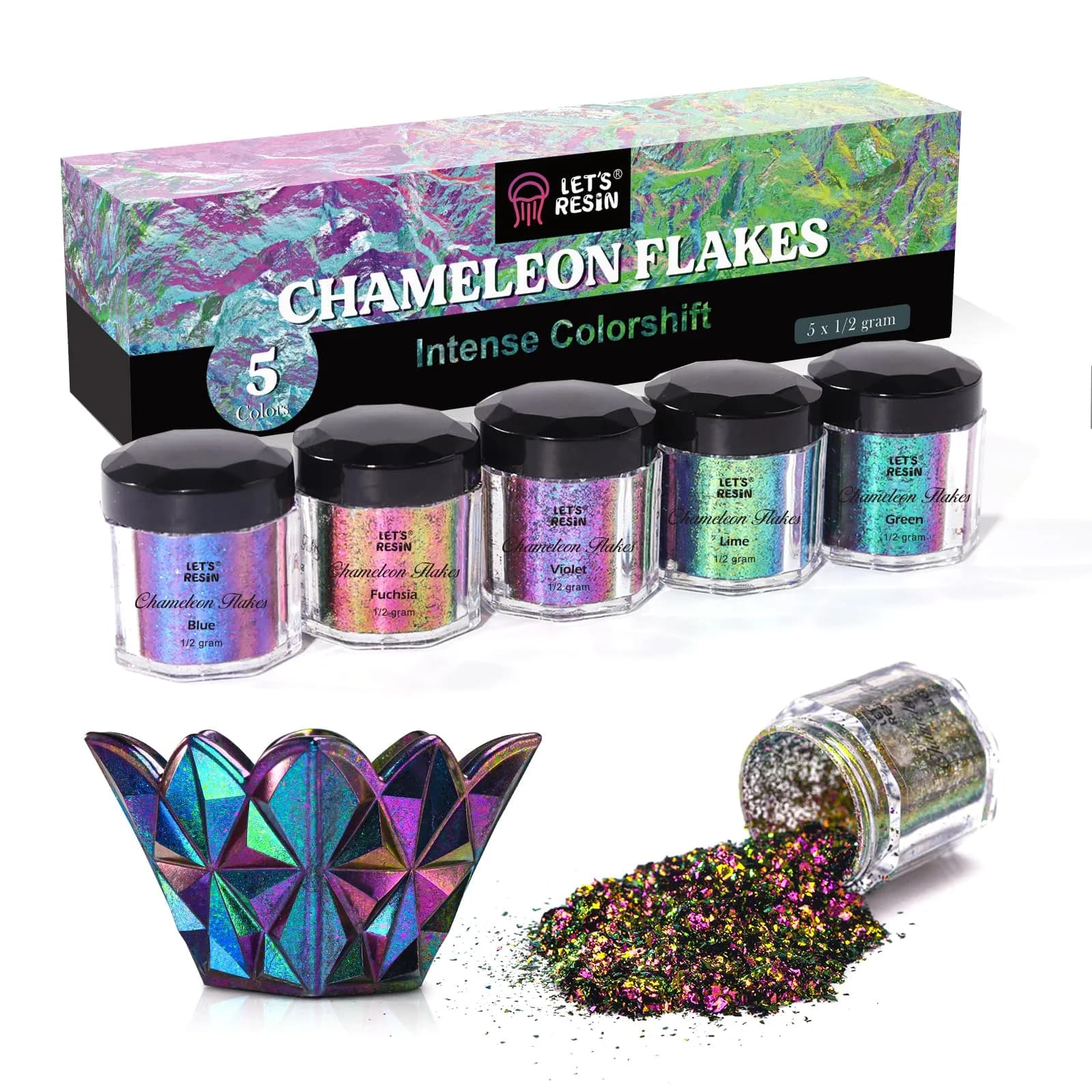 LET'S RESIN Chameleon Flakes Resin Supplies | Intense Color Shift, 5 Colors, 0.5g Each