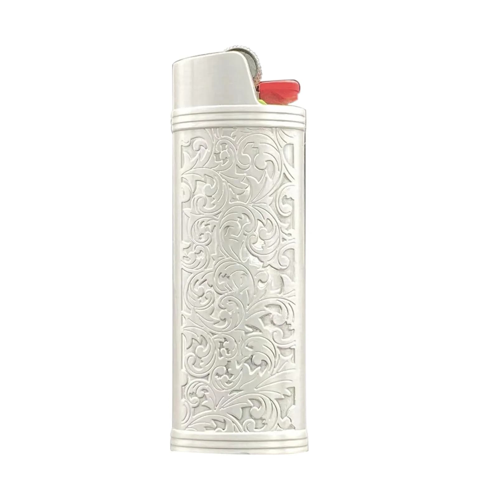 Lucklybestseller Metal Lighter Case Cover Holder Vintage Floral Stamped for BIC Full Size Lighter J6 (White Gold) | Protective Case