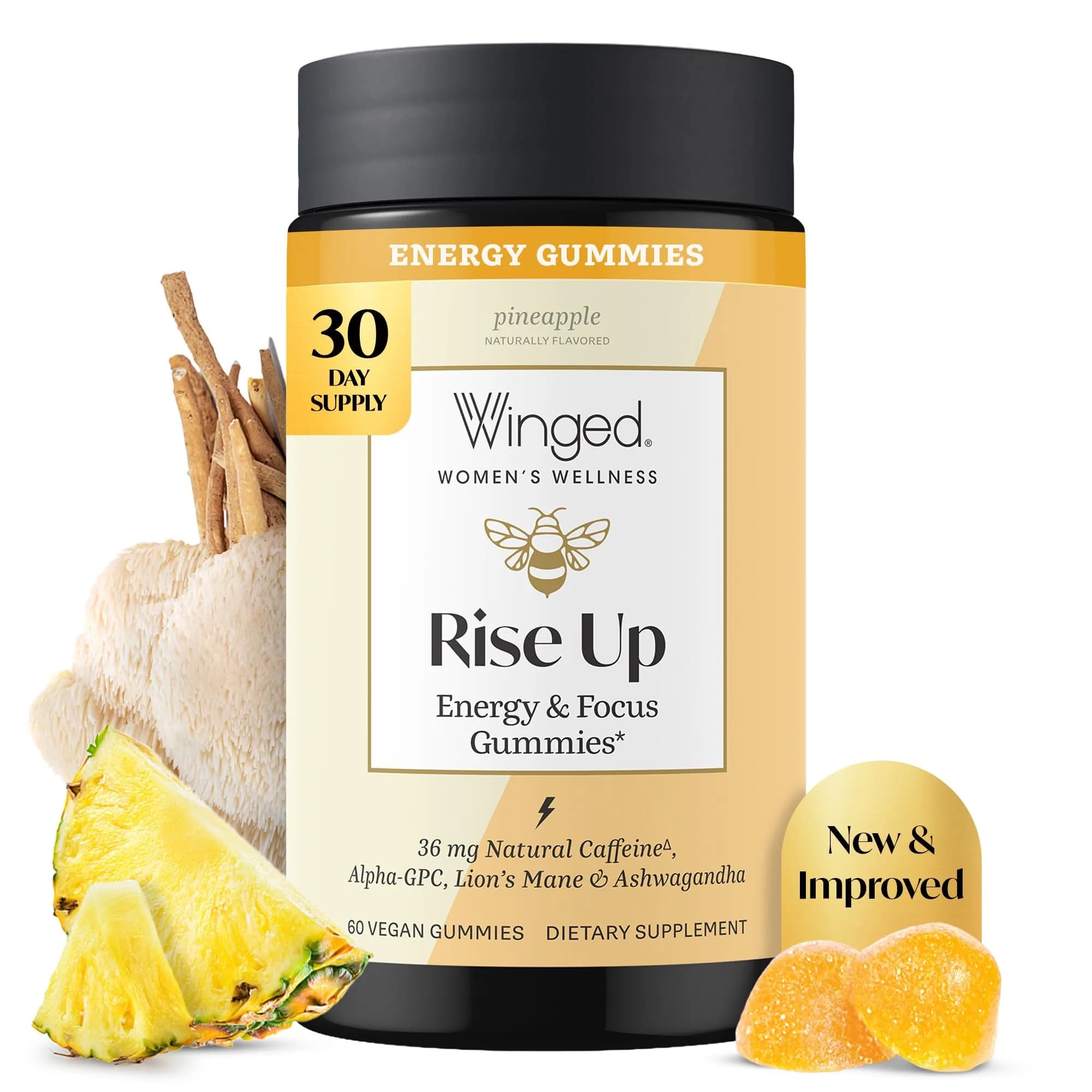 Winged Wellness Rise Up, Energy & Focus Gummies for Women, 60 Gummies | Vegan, Gluten-Free Pineapple Flavor - main product image