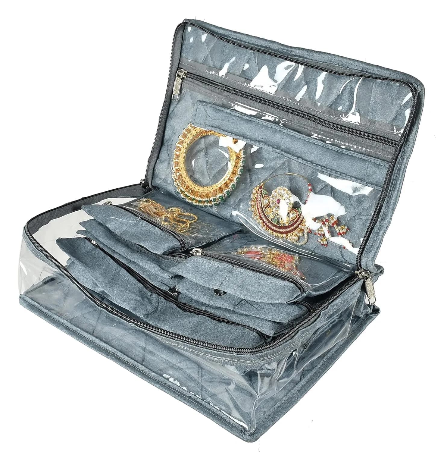 Kuber Industries Grey Laminated PVC Travel Jewelry Organizer | 30cm x 20cm x 11cm (13 Pouches) - view 6