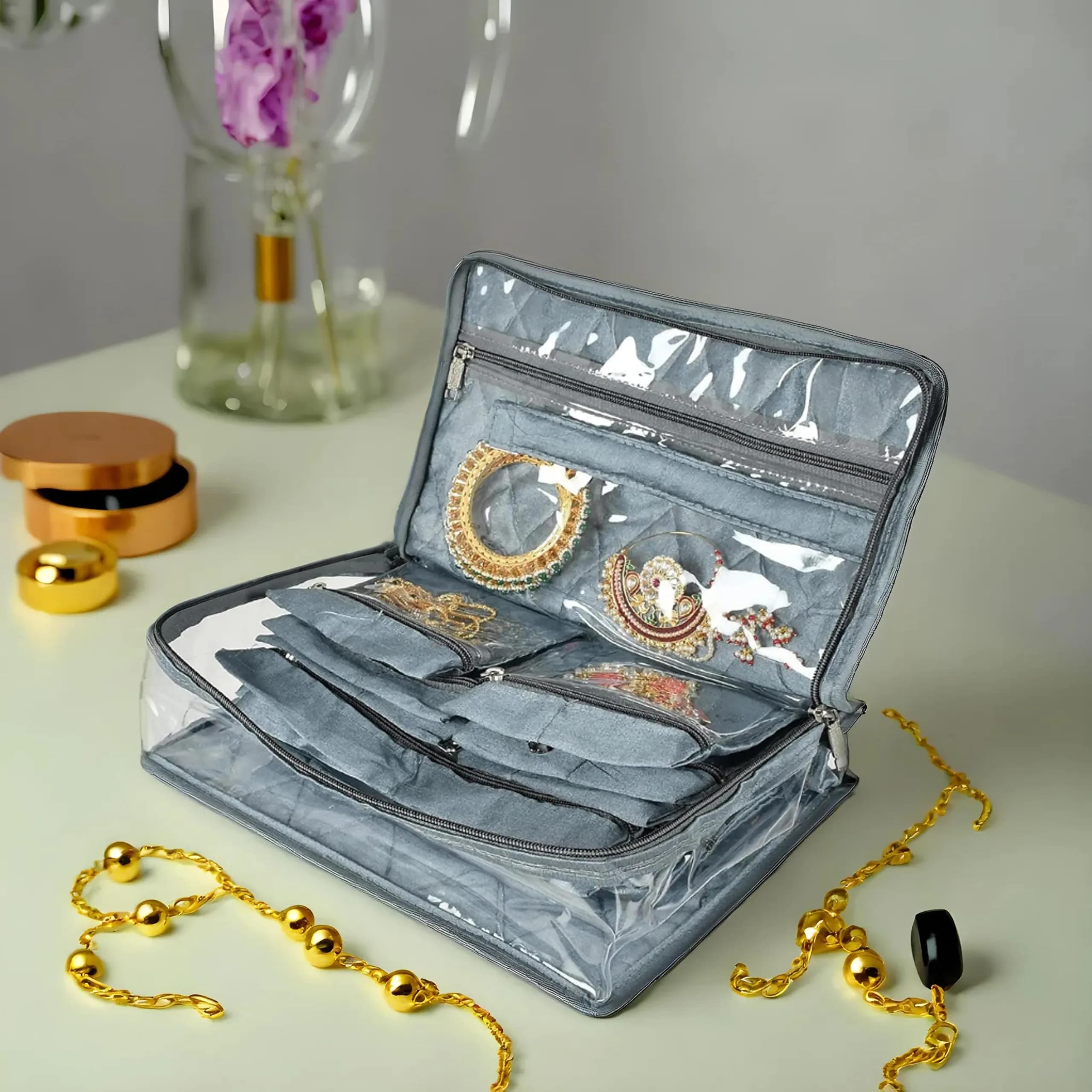 Kuber Industries Grey Laminated PVC Travel Jewelry Organizer | 30cm x 20cm x 11cm (13 Pouches) - view 2