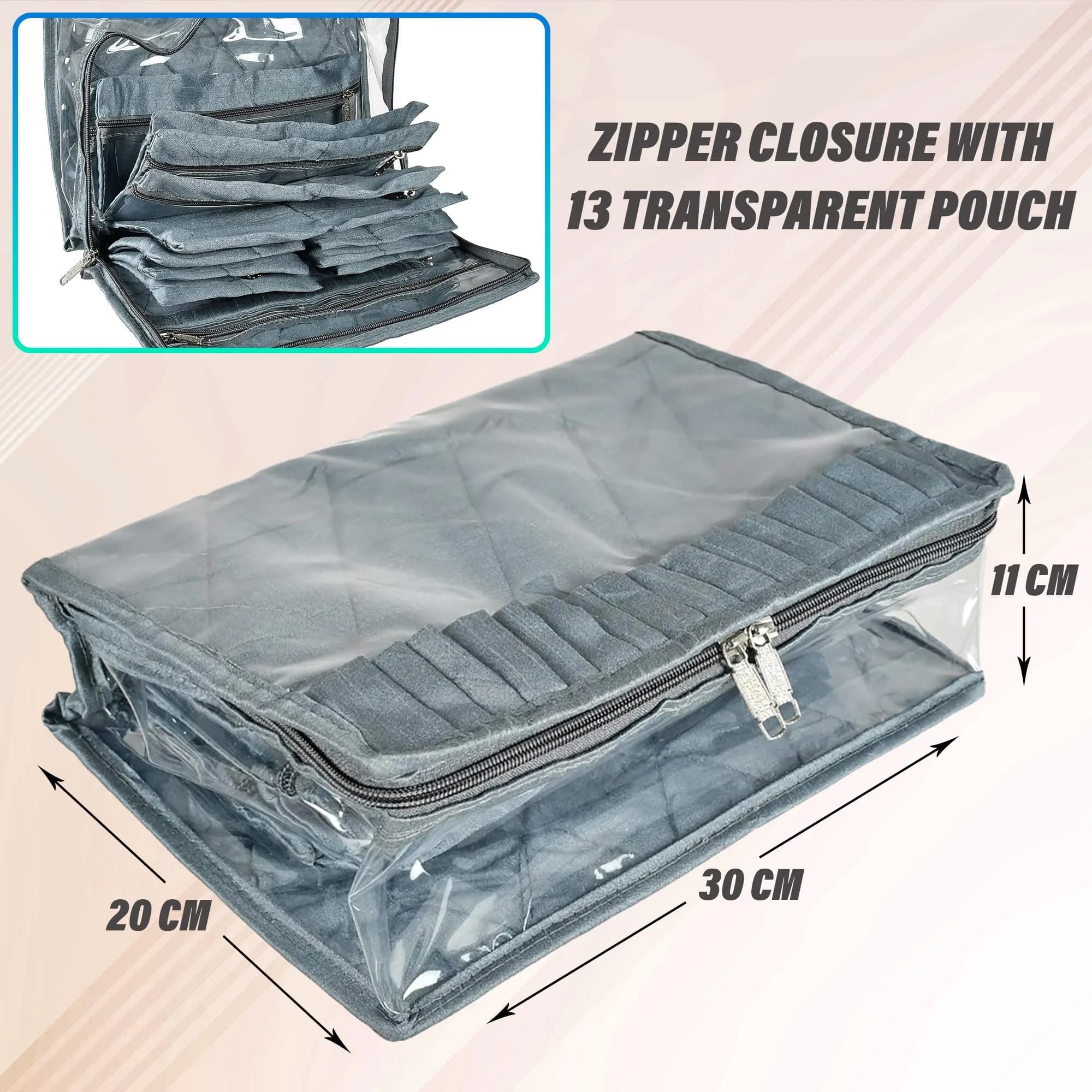 Kuber Industries Grey Laminated PVC Travel Jewelry Organizer | 30cm x 20cm x 11cm (13 Pouches) - view 3