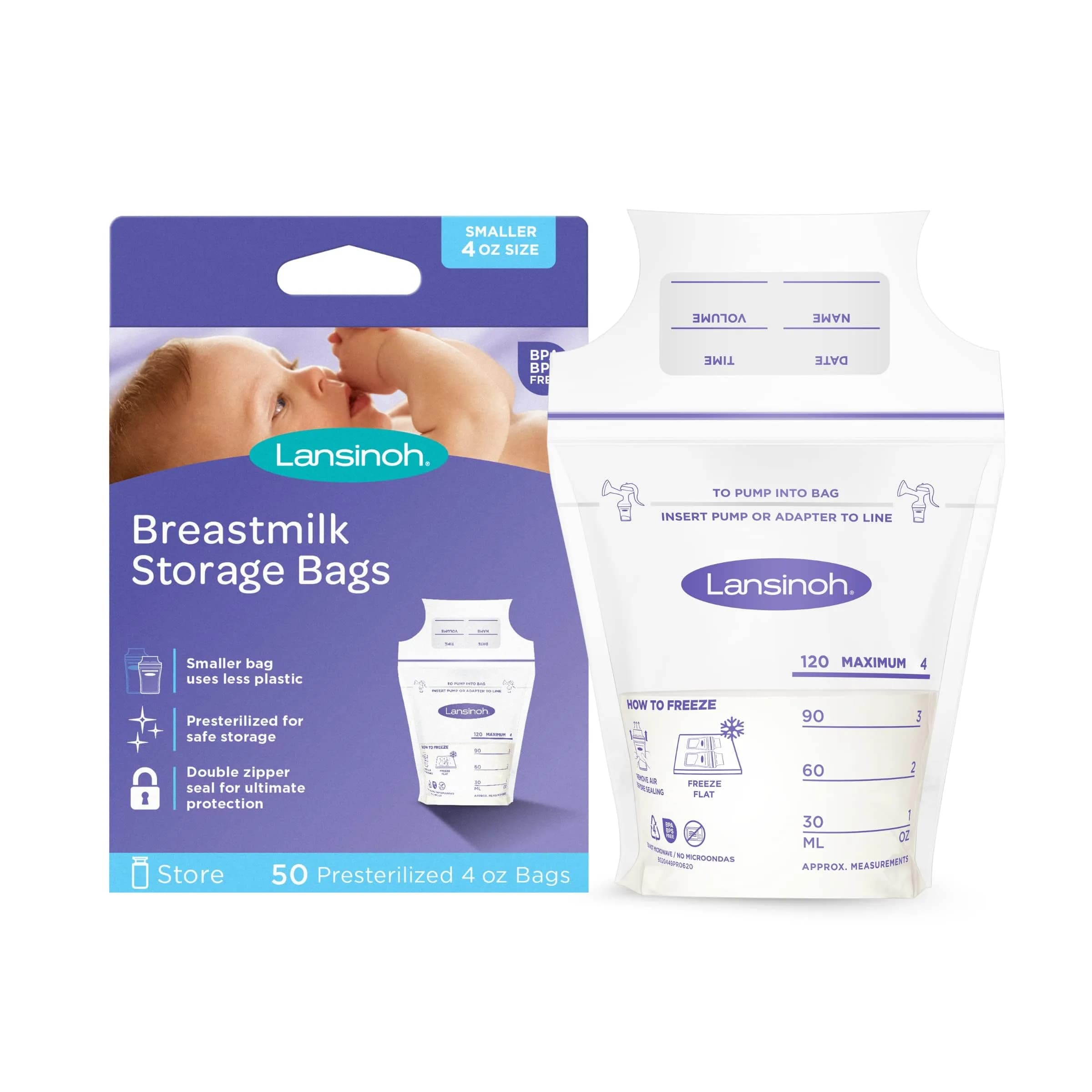 Lansinoh Breastmilk Storage Bags 4oz (120ml) | 50 Count, BPA/BPS Free, Double Zipper Seal - main product image