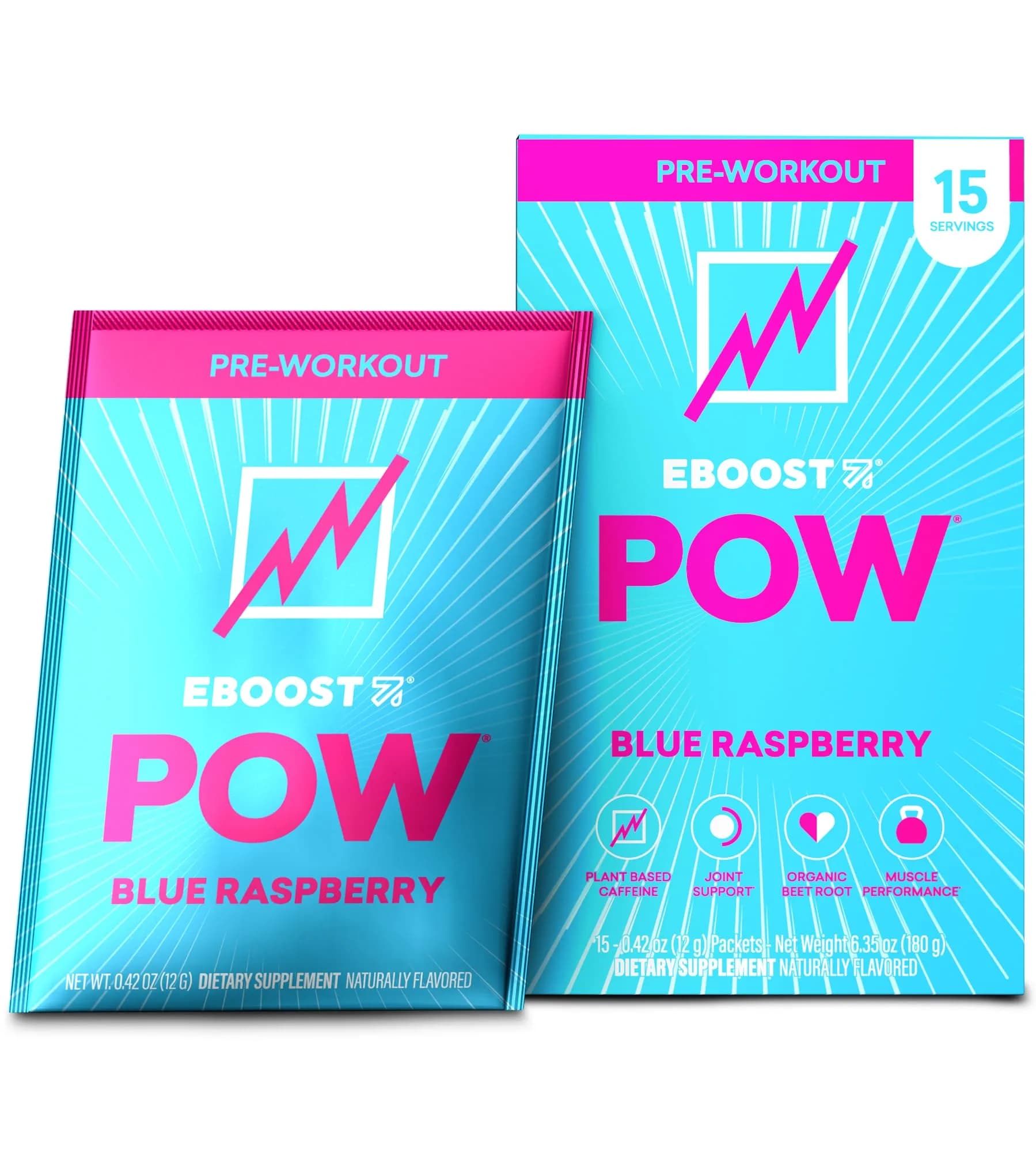 EBOOST POW Natural Pre Workout Powder 15 Packets | Blue Raspberry Energy & Performance Support — Blue Raspberry / 0.42 Ounce