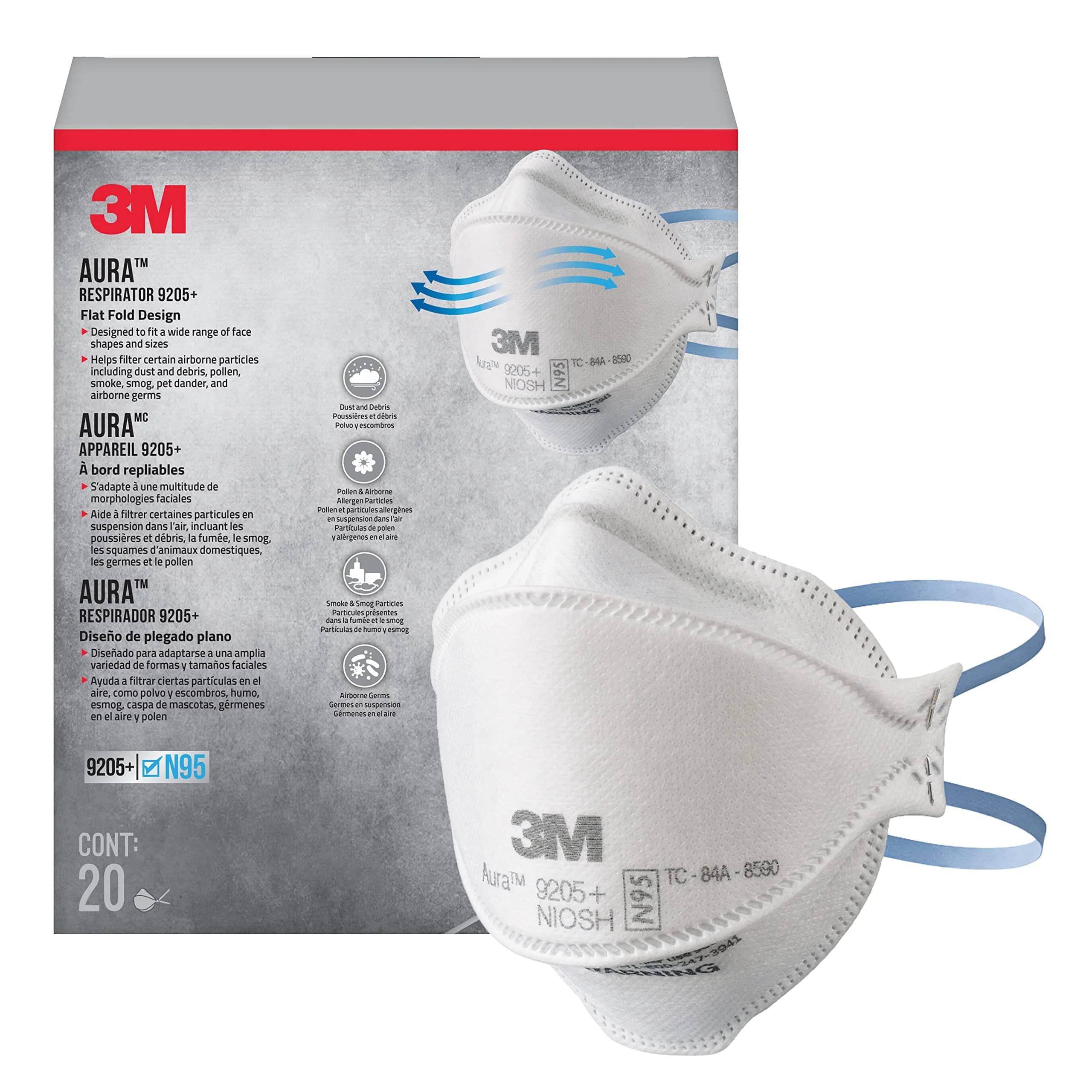 3M Aura N95 Particulate Respirator 20 Count (Pack of 1) | NIOSH Approved for 95% Filtration Efficiency — White